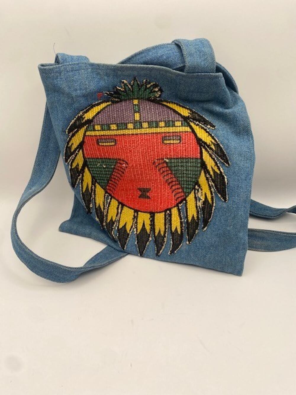 Handmade Denim Crossbody Shoulder Bag Southwestern Kachina Needlepoint Appliqué